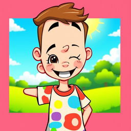 A cheerful cartoon boy with brown hair, wearing a colorful t-shirt, smiling brightly