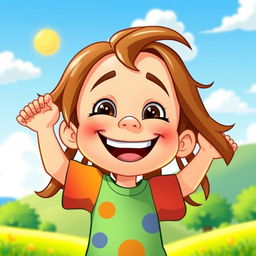 A cheerful cartoon boy with brown hair, wearing a colorful t-shirt, smiling brightly