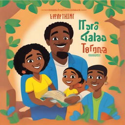 A vibrant, high-quality book cover for a Tigrinja learning book for kids and teens, featuring the animated character Tesfa and his family in their home