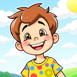 A cheerful cartoon boy with brown hair, wearing a colorful t-shirt, smiling brightly