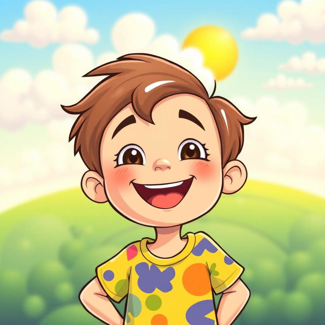 A cheerful cartoon boy with brown hair, wearing a colorful t-shirt, smiling brightly