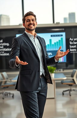 A dynamic business leader standing confidently in a modern office environment