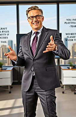 A dynamic business leader standing confidently in a modern office environment