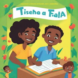 A vibrant, high-quality book cover for a Tigrinja learning book for kids and teens, featuring the animated character Tesfa and his family in their home