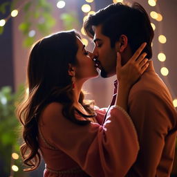 A romantic and intimate scene featuring the actress Nushrat Bharucha sharing a passionate kiss with her partner in a beautifully lit setting