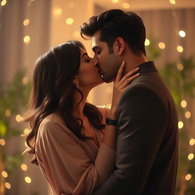 A romantic and intimate scene featuring the actress Nushrat Bharucha sharing a passionate kiss with her partner in a beautifully lit setting