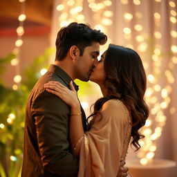 A romantic and intimate scene featuring the actress Nushrat Bharucha sharing a passionate kiss with her partner in a beautifully lit setting