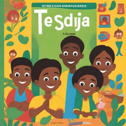 A vibrant, high-quality book cover for a Tigrinja learning book for kids and teens, featuring the animated character Tesfa and his family in their home