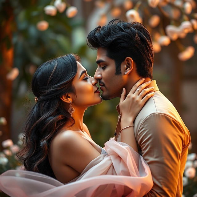 A romantic and intimate moment between two Indian actors, capturing the essence of love and attraction