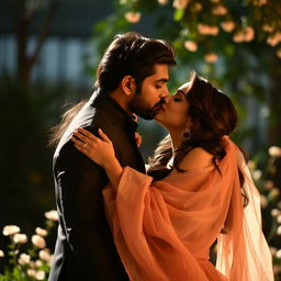 A romantic and intimate moment between two Indian actors, capturing the essence of love and attraction