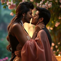 A romantic and intimate moment between two Indian actors, capturing the essence of love and attraction