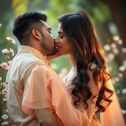 A romantic and intimate moment between two Indian actors, capturing the essence of love and attraction