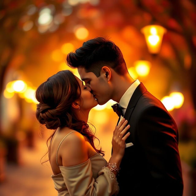 A passionate kiss shared between two lovers in a romantic setting