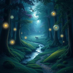 An ethereal forest scene at twilight, featuring softly glowing magical orbs floating among the trees
