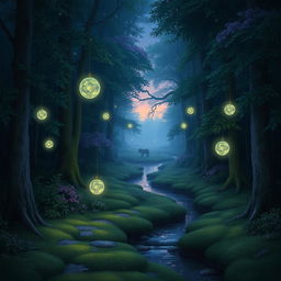 An ethereal forest scene at twilight, featuring softly glowing magical orbs floating among the trees
