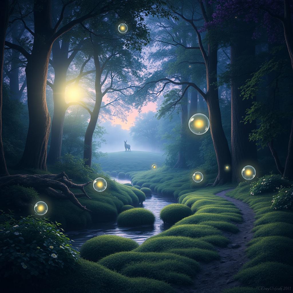 An ethereal forest scene at twilight, featuring softly glowing magical orbs floating among the trees