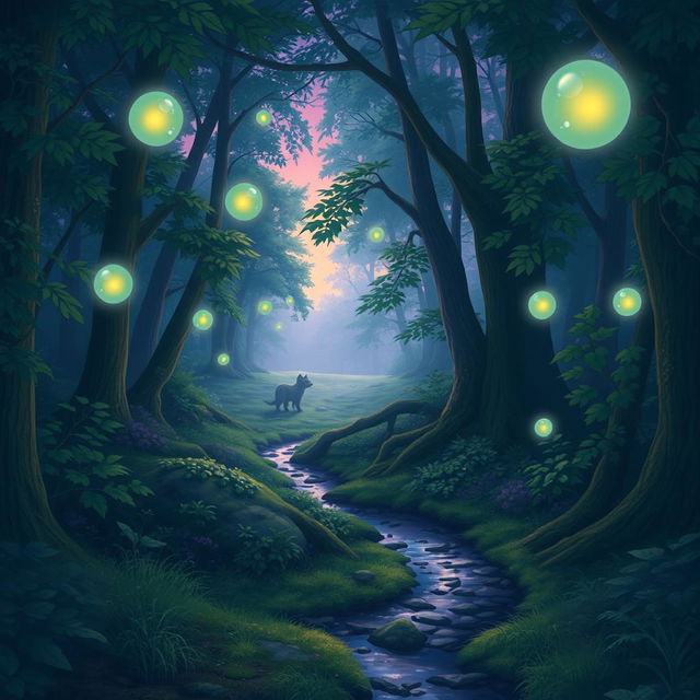 An ethereal forest scene at twilight, featuring softly glowing magical orbs floating among the trees