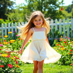 A serene summer scene in a sunlit garden filled with colorful flowers and vibrant butterflies