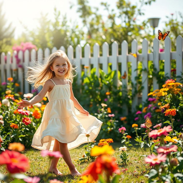 A serene summer scene in a sunlit garden filled with colorful flowers and vibrant butterflies