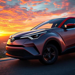A detailed, vibrant rendering of a 2018 Toyota C-HR, showcasing its stylish design elements such as the aggressive front grille, sleek headlights, and sculpted body lines