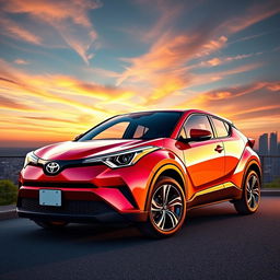 A detailed, vibrant rendering of a 2018 Toyota C-HR, showcasing its stylish design elements such as the aggressive front grille, sleek headlights, and sculpted body lines