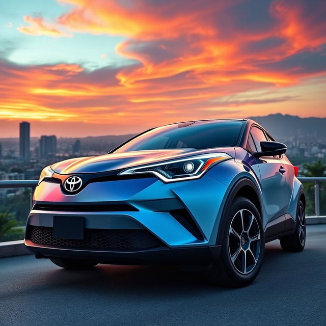 A detailed, vibrant rendering of a 2018 Toyota C-HR, showcasing its stylish design elements such as the aggressive front grille, sleek headlights, and sculpted body lines