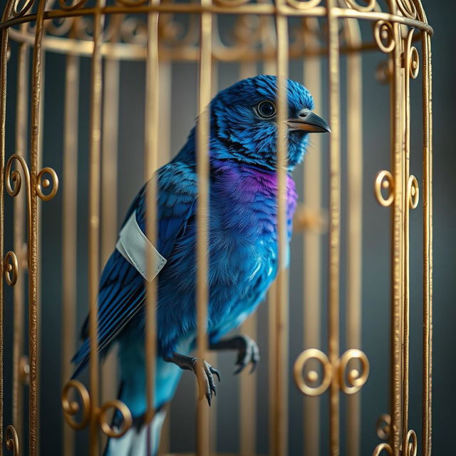 A blue bird with vibrant plumage perched inside a beautifully ornate golden cage