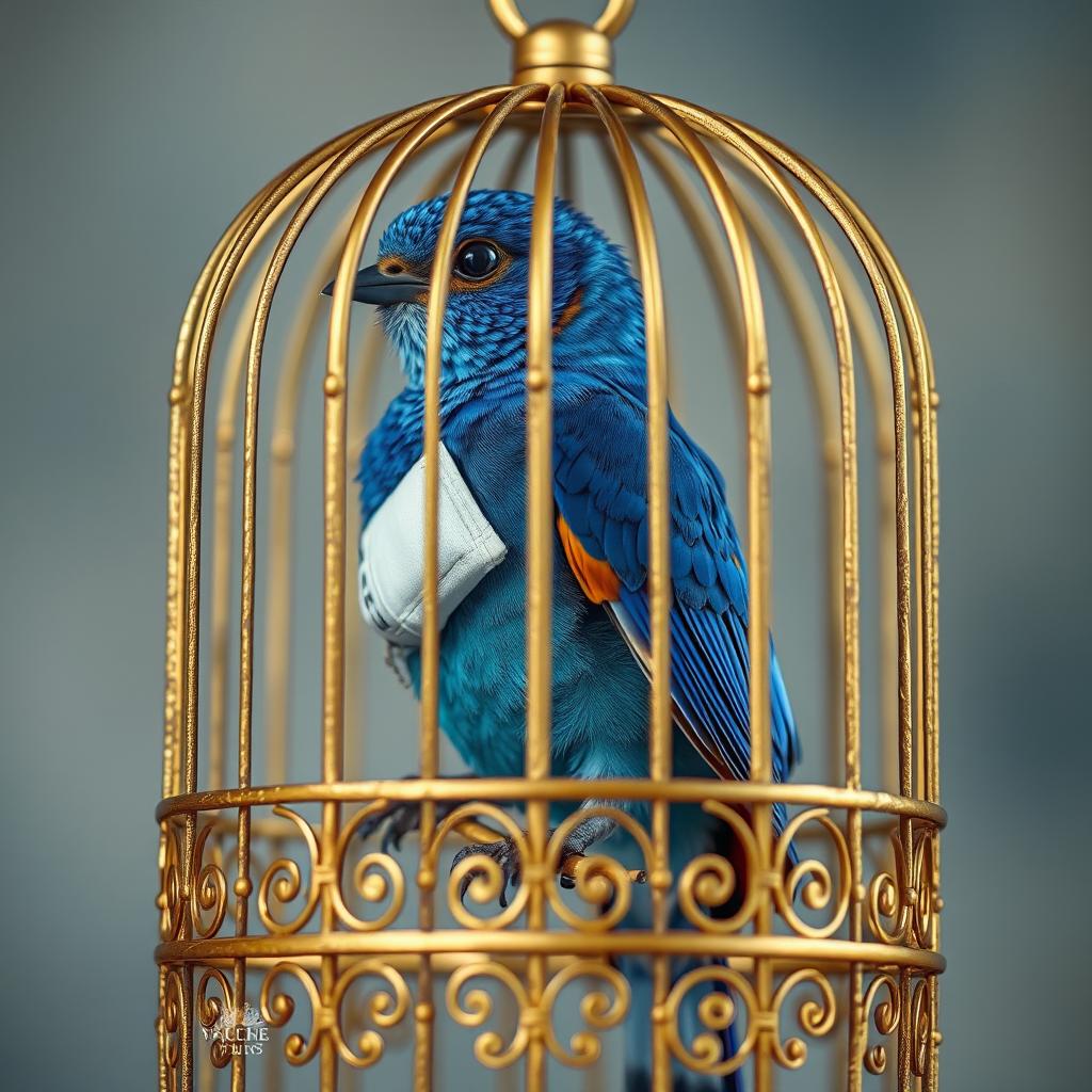 A blue bird with vibrant plumage perched inside a beautifully ornate golden cage