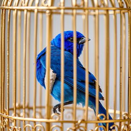 A blue bird with vibrant plumage perched inside a beautifully ornate golden cage