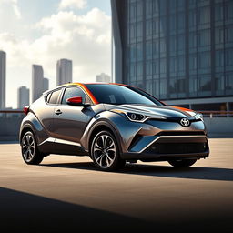 A striking image of a 2018 Toyota C-HR in a sleek gray color, featuring a vibrant orange roof and hood
