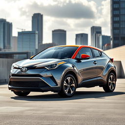 A striking image of a 2018 Toyota C-HR in a sleek gray color, featuring a vibrant orange roof and hood