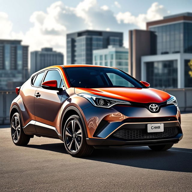 A striking image of a 2018 Toyota C-HR in a sleek gray color, featuring a vibrant orange roof and hood