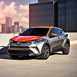 A striking image of a 2018 Toyota C-HR in a sleek gray color, featuring a vibrant orange roof and hood