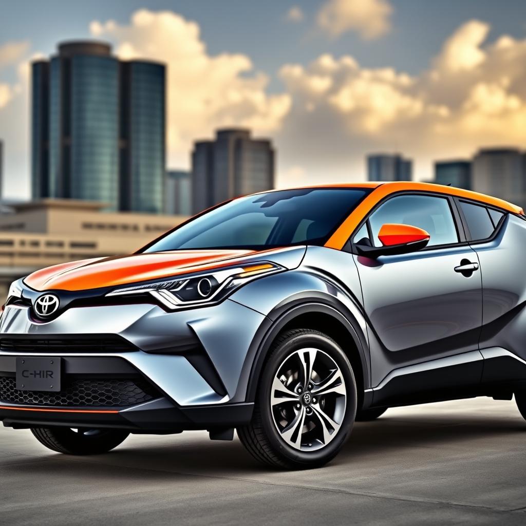 A striking image of a 2018 Toyota C-HR in a sleek gray color, featuring a vibrant orange roof and hood, along with an eye-catching orange stripe along the side of the car