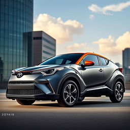 A striking image of a 2018 Toyota C-HR in a sleek gray color, featuring a vibrant orange roof and hood, along with an eye-catching orange stripe along the side of the car