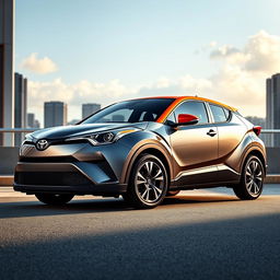 A striking image of a 2018 Toyota C-HR in a sleek gray color, featuring a vibrant orange roof and hood, along with an eye-catching orange stripe along the side of the car