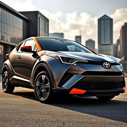 A striking image of a 2018 Toyota C-HR in a sleek gray color, featuring a vibrant orange roof and hood, along with an eye-catching orange stripe along the side of the car