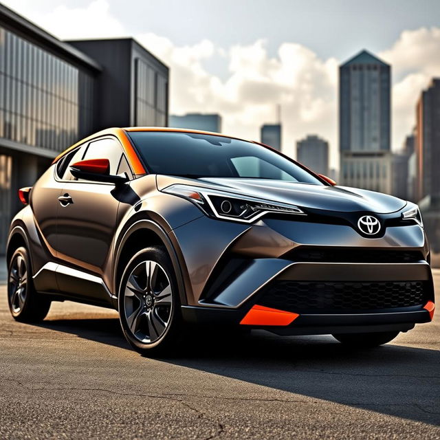 A striking image of a 2018 Toyota C-HR in a sleek gray color, featuring a vibrant orange roof and hood, along with an eye-catching orange stripe along the side of the car