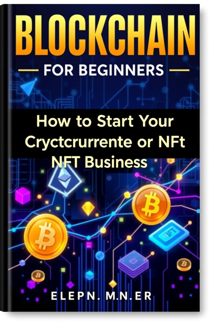 A visually striking and modern eBook cover for 'Blockchain for Beginners: How to Start Your Cryptocurrency or NFT Business'