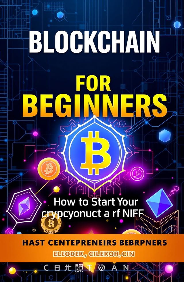 A visually striking and modern eBook cover for 'Blockchain for Beginners: How to Start Your Cryptocurrency or NFT Business'