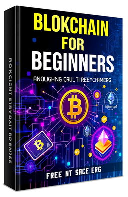 A visually striking and modern eBook cover for 'Blockchain for Beginners: How to Start Your Cryptocurrency or NFT Business'