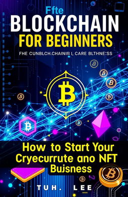 A visually striking and modern eBook cover for 'Blockchain for Beginners: How to Start Your Cryptocurrency or NFT Business'