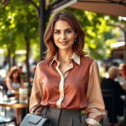 A European woman aged between 30 to 45 years, elegantly dressed in a stylish outfit