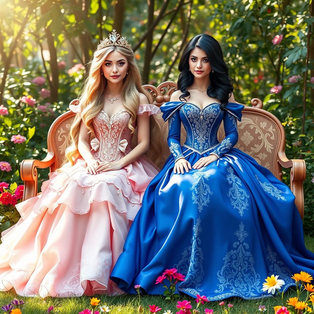 Two elegant princesses sitting side by side on a beautifully embroidered bench in a lush garden
