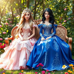 Two elegant princesses sitting side by side on a beautifully embroidered bench in a lush garden