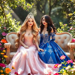 Two elegant princesses sitting side by side on a beautifully embroidered bench in a lush garden