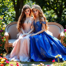 Two elegant princesses sitting side by side on a beautifully embroidered bench in a lush garden
