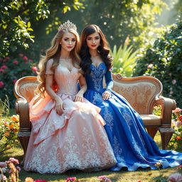 Two elegant princesses sitting side by side on a beautifully embroidered bench in a lush garden