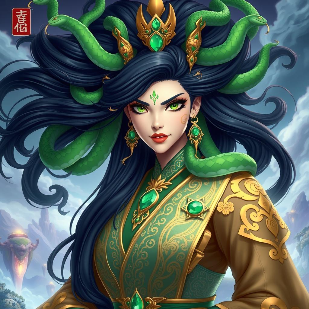 A majestic depiction of Queen Medusa, inspired by the style of donghua, featuring her with long, flowing dark hair intertwined with vibrant green snakes