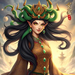 A majestic depiction of Queen Medusa, inspired by the style of donghua, featuring her with long, flowing dark hair intertwined with vibrant green snakes
